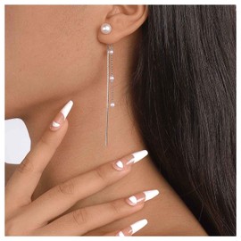 Inilbran Boho Pearl Earrings Silver Long Pearl Tassel Earrings Vintage Pearl Necklace Earrings Tiny Pearl Dangle Earrings Jewellery for Women and Girls