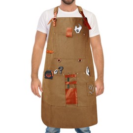 HISUEKIG Tool Work Welding Aprons for Men and Women with 8 Pockets, Canvas Woodwork Apron, Wood Working Tools, Woodworking Waterproof Apron for Bbq, Cooking, Gardening, Welding （Brown）