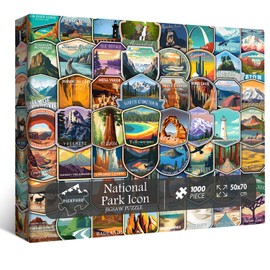 PICKFORU National Parks Puzzles for Adults 1000 Pieces and up, National Parks Stickers Puzzle Collects Yellowstone Yosemite Zion Glacier, National Park Poster Jigsaw Puzzles as Home Decor