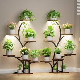 Plant Stand Indoor with Grow Lights - 2 Pack Plant Shelf, 7 Tier Lighted Corner Plant Stands for Indoor Growing, 40" Metal Flower Holder, Tree-Shaped Display Shelves with Adjustable Light, Black