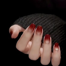 FOXIIU Press on Nails Square Short Red Glossy Full Cover Acrylic Short Square Shaped False Nails with Cat Eyes Designs Artificial Square Short Fake Nails with Glue Stick on Fingernails for Women Girls