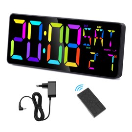 SZELAM Digital Wall Clock with Large Display, 13.6 Inch Large RGB Wall Clock with Remote Control, 11-Colour Digital Display, Double Alarm, Count Up/Down Timer, Volume Control, LED Wall Clock for Home