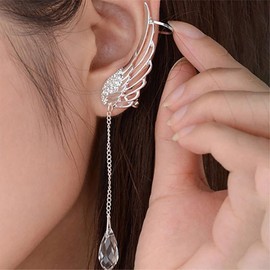 TseenYi Wing Studs Cuff Earrings Crystal Angel Wing Earrings Silver Teardrop Tassel Chain Earrings Cz Dangle Earrings Rhinestone Wing Ear Cuffs EarringsJewelry for Women and Girls(Left ear 1pcs)