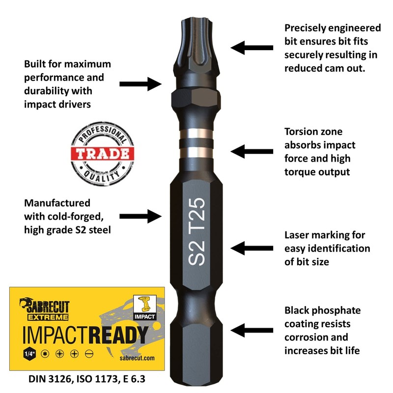 10 x SabreCut SCTX2550_10 50mm TX25 T25 Impact Screwdriver Driver