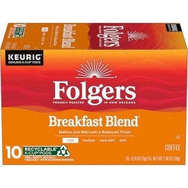 Folgers Breakfast Blend Coffee, Mild Roast, Keurig K-Cup Pods, 10 Count Box