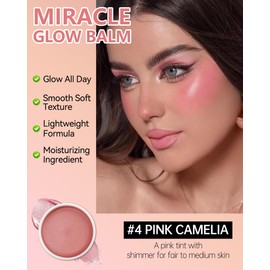 Multi Glow Balm,Miracle Glow Balm Tinted Face Creamy Blush for Women Cheek Lip Eye, Hydrating Lightweight & Blendable Color,Shimmer Blusher Balm Facial Makeup,Christmas Facial Gift-04 Pink Camellia