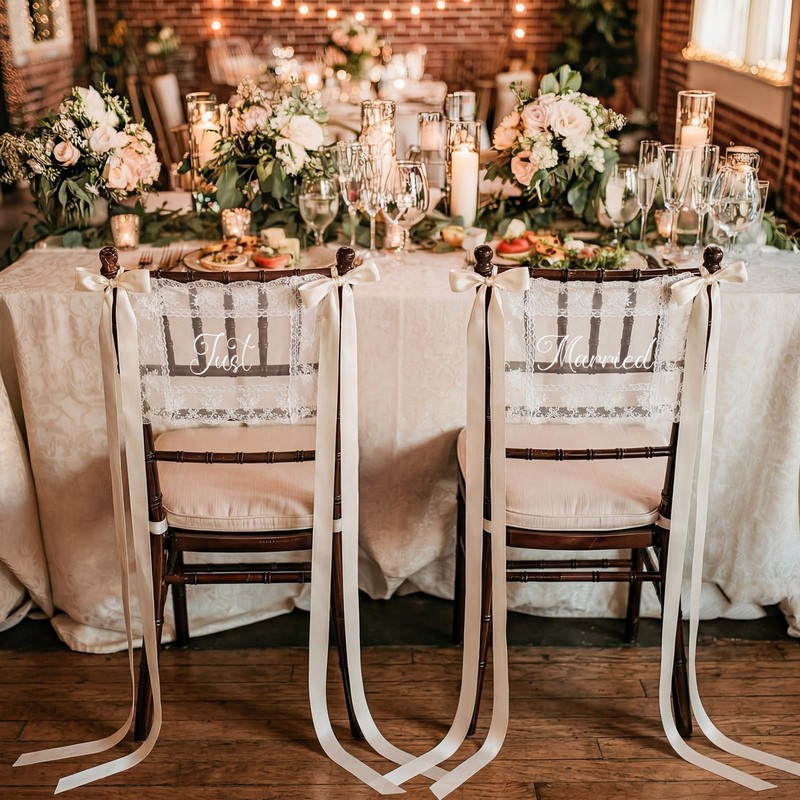 Breling 2 Pcs Lace Just Married Wedding Chair Signs Sweetheart
