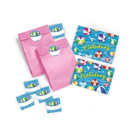 6 Invitation Cards for Children's Birthday Party Swimming Pool Party Water Balls for Girls and Boys / Pool Party / Colourful Birthday Invitations with 6 Envelopes, 6 Party Bags / Light Pink, 6