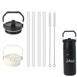 GL-Auking 2pcs Tumbler Lid Replacement Fit for IceFlow Flip Straw 2.0 Water Bottle 24OZ, with 4Pcs Straw Replacement/ 2Pcs Cleaner Brush for Iceflow 24oz (Beige and Black, 24oz)