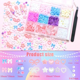 RODAKY Nail Charms and Flatback Pearls Gems Set, Bow Charm for Nail Art Designs,Assorted Pearl Bows Heart Star,Flowers for Nail with Nail Beads,White Half Pearls for Nail Jewelry DIY Nail Decoration