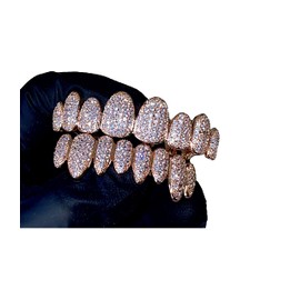 14k Rose Gold Joker Pink Grillz for Mouth Top Bottom Hip Hop Teeth Grills for Teeth Mouth Grillz for Mouth Top Bottom Hip Hop 8 Teeth Prong Set Cz Diamonds Grills for Tooth
