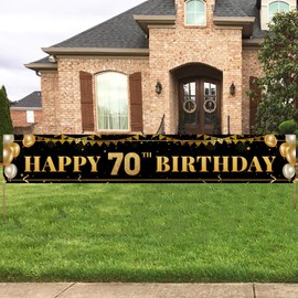 Gran cartel de 70 cumpleaños con texto en inglés "Happy 70th Birthday", color negro y dorado con texto en inglés "Happy 70th Birthday", suministros de decoración para fiesta de 70th Birthday" (3 x 0,5 m)