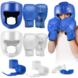 Kanayu 12 Pcs Kids Boxing Equipment Set for Beginners Ages 6-18 Years Including Boxing Helmet and Gloves Hand Wraps Sport Mouthguards Taekwondo Sparring Gear for Kids and Children(Blue, White)