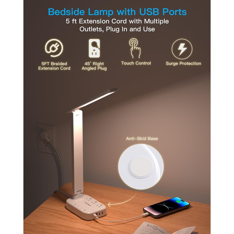 Power Strip with LED Desk Lamp, 3 Outlets 4 USB