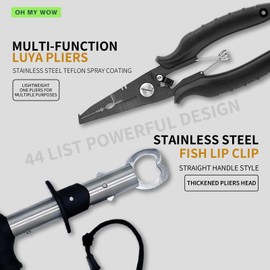 OH MY WOW Fishing Pliers & Fish Lip Gripper Set – Stainless Steel Split Ring Plier, Hook Remover & Line Cutter for Saltwater Fishing