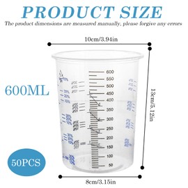 Paint Mixing Cups, Pack of 50, 600 ml Measuring Cups with Scale, Colour Mixing Cup, Epoxy Resin Mixing Cup for Liquids, Paint, Pigment, Varnishes, Cooking, 13 x 10 cm, Transparent