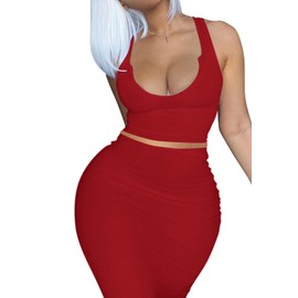 PYAEAS 2 Piece Outfit Maxi Dress for Women, Summer Deep U Neck Sleeveless Tank Crop Tops Long Skirt Set Party Bodycon Dresses(Red,M)