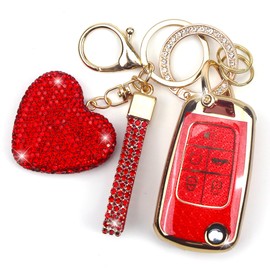 YIKECASE Key Fob Cover with Diamond Keychain for Women, Car Key Holder Compatible with Chevy Cruze Camaro Malibu Equinox Impala GMC Buick Encore Regal Flip Folding Protector, 5 Buttons (Red-Heart)
