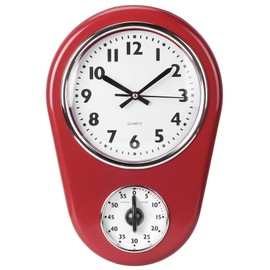 Kitchen Wall Clock with Timer, Large Display Kitchen Timer Wall Clock Silent Sweep Movement Vintage Red Kitchen Wall Clock, Countdown Bell, Design