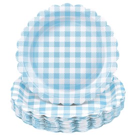 NatNarr 30 Pcs Light Blue Gingham Plates, 9 Inch Scalloped Plaid Camping Dessert Dinner Party Plates Blue and White Gingham Party Supplies for Boy Baby Shower, Wedding, Birthday