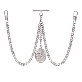 Holy Sins Jewellery Double Albert Silver Pocket Watch Chain with Floral Locket Pendant – Adjustable Length, Handmade in the UK (14")