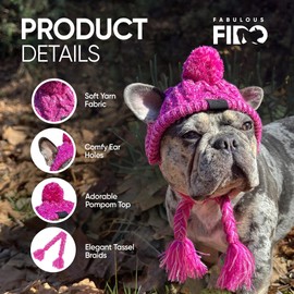 Knitted Dog Hat with Ear Holes & Adjustable Chin Strap - Warm & Snug Fit Dog Beanie for French Bulldog - Light & Soft Yarn Dog Hats - Stylish Dog Accessories & Clothes - Beanies for Dogs(Pink, Large)