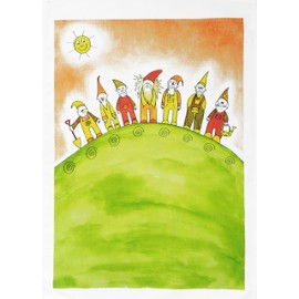 Half a Donkey Hi Hoe - Seven Garden Gnomes are off to work - Large Cotton Tea Towel