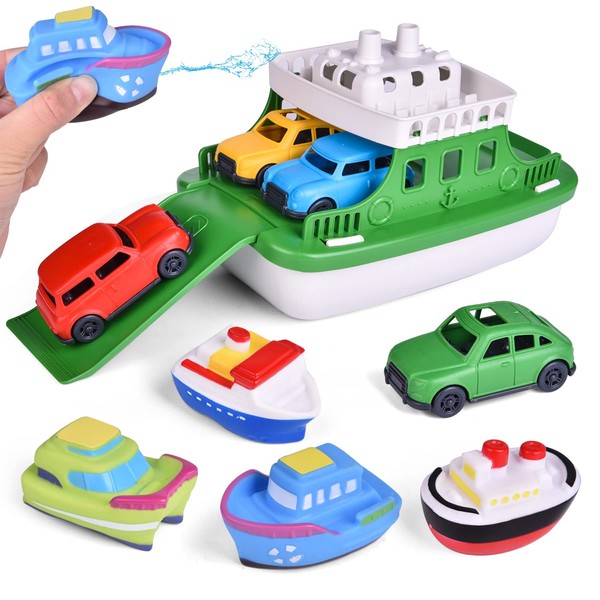 Toy Boat Bath Toys for Toddlers with 4 Mini Car Toys and 4 Bath Boat Squirters, Kids Ferry Boat for Bathtub Bathroom Pool Beach Toys