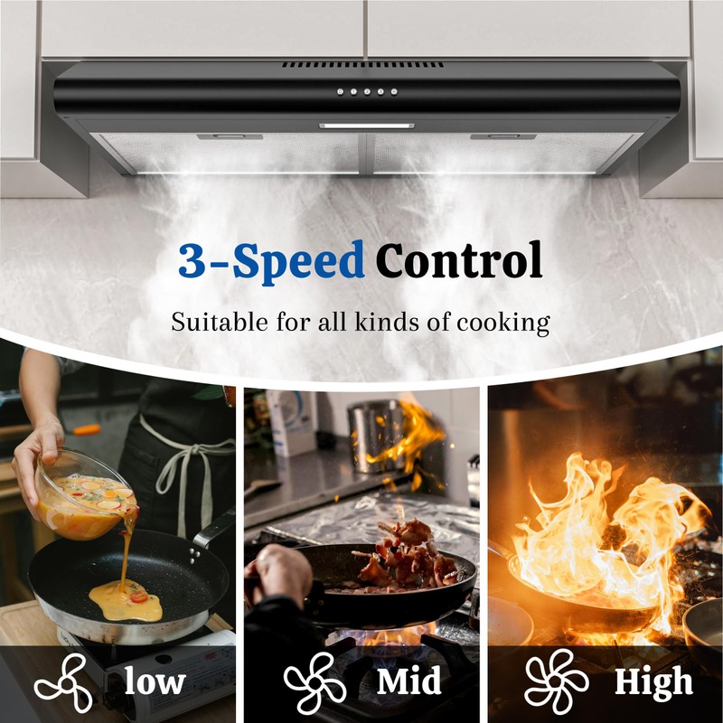 FIREGAS Black Under Cabinet Range Hood 30 Inch, Ducted/Ductless Convertible