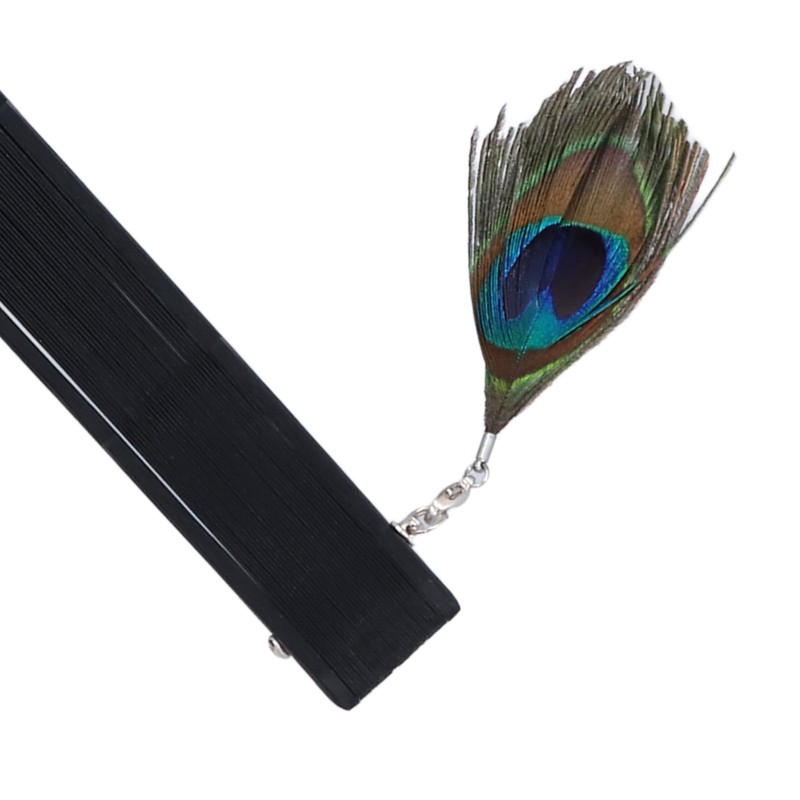 Folding Fan Black Bones Beautiful Peacock Pattern Antique Bamboo Hand
