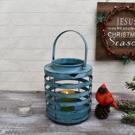 Decor Vintage Metal Candle Lantern  Rustic Hanging Candle Lanterns Decor Indoor(Blue)