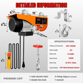 1320Lbs Electric Hoist,110v Electric Hoist Winch with 13ft Remote Control, Zinc-Plated Steel Wire,39.4 ft Lifting Garage Lift Hoist, Single/Double Slings Electric Winch for Factories, Warehouses