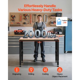 VEVOR Adjustable Workbench, 48 x 20-inch Heavy Duty Work Bench with 28.5-38.3 Inches Height Adjustment, 2000 lbs Capacity Garage Workbench with Power Outlets, Suitable for Office, Garage, Workshop