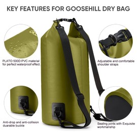 Goosehill Waterproof Dry Bag, 5L 10L 20L Roll Top Dry Sack with 2 Detachable Straps, Waterproof Bag for Boating Hiking Camping Kayaking Canoeing Swimming Snowboarding Paddle Board