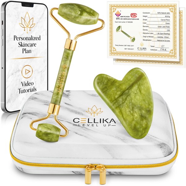 Xiuyan Jade Roller and Gua Sha Set with Shockproof Travel Case - Face Roller Skin Care Tool, Cellika Real Jade Roller for Face, Eyes, Neck & Body - Facial Roller Tutorial & Skincare Plan Included