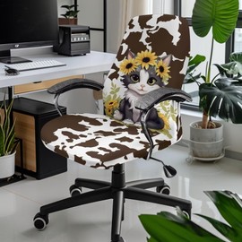Talayituse Cat Sunflower Cow Print Office Chair Covers Stretchable Desk Chair Cover Universal Rotating Computer Chair Cover Washable Office Chair Seat Cover Armchair Cover Slipcovers, Large