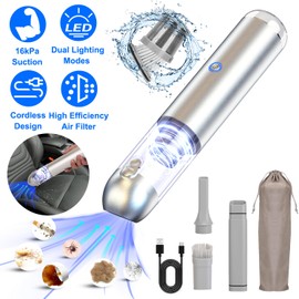 KOCASO Handheld Car Vacuum Cleaner 16000 Pa Powerful Suction with 2 Speeds High Efficiency Air Filter LED SOS Light，Rechargeable Lightweight Cordless Vacuum Cleaner for Car Office Home Keyboard