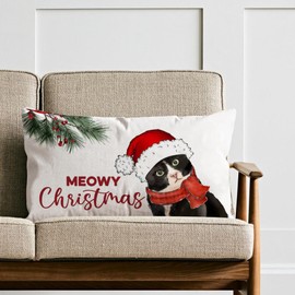 AOFANGGO Christmas Pillow Cover 12x20 inch Cat with Hat Meowy Xmas Throw Pillow Winter Holiday Decorations Farmhouse Rustic Cushion Cover for Bed Chair Sofa Couch Rectangle