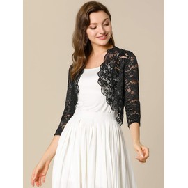 Allegra K Women's Lace Sheer Shrug Elegant 3/4 Sleeve Bolero Floral Shrug Black 20