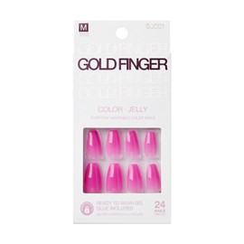 GoldFinger False Nails Kit, Jelly Color Ready to Wear Pink Fake Nails, Manicure Stick and Glue Included, Medium Length, Coffin Shape, Long-Lasting Hottest Trend Glue on Nails