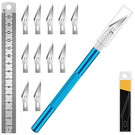 DIYSELF 1 Pcs Craft Knife Hobby Knife with 11 Pcs Stainless Steel Blades Kit, 1pcs Steel 15MM Ruler for Art, Scrapbooking,Stencil(Blue)
