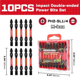 Geinxurn 10 Pieces SL1/4-PH2 Impact Double End Screwdriver Bit Set, 2.56 in. #2 Phillips/Power Driver Bits, Magnetic S2 Steel Two Sides Screwdriver Bits Set with Storage M-Box