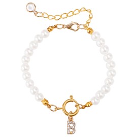 Mikovivi Initial Pearl Bracelets, Fashion Gold Alphabet Pearl Bracelet Dainty Rhinestones Letter Bracelet for Women Letter Pearl Jewelry Gift for Women (Letter B)
