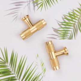 Pexintek 2 Pack Drawer Knobs Gold Modern Solid T Bar Cabinet Knobs Furniture Handles Kitchen Drawer Handles Vintage Knobs for Kitchen Cupboards, Chest of Drawers (Golden Brushed)