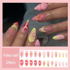 24Pcs Flower Medium Almond Fake Nails With Star Rhinestones Pink Gradient French Tip Press on Nails Flower Glue on Nails Full Cover Acrylic Nails for Women Nail Art Supplies