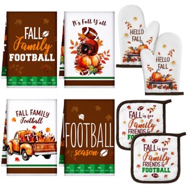 Bencailor 8 Pcs Fall Kitchen Towel Pot Holders Oven Mitts Set Thanksgiving Football Pumpkin 4 Dish Towels 2 Cooking Mittens Oven Glove 2 Potholders for Baking Supply Accessories(Brown,Football)