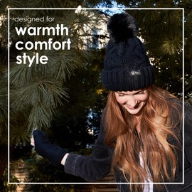 Nicole Miller Winter Hat Cable Knit Beanie and Arm Warmer Sleeves for Women Fashion Long Fingerless Gloves, Black