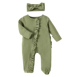 Ayalinggo Newborn Baby Romper Infant Girl One-piece Outfit Waffle Ruffle Zip Footie Spring Summer Clothes With Bow Headband, Green, Newborn