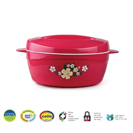 Cello Roti Plus Big Floral Stainless Steel Double Walled Insulated Casserole with Lid | Casserole with Drip Tray | BPA Free | Light Weight, Easy to Clean and Durable (85oz, Pink)