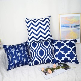 TIDWIACE Set of 4 Navy Blue Cushion Cover 45 x 45 cm Cotton and linen Decorative, Square Modern Outdoor Throw Pillow Cases for Sofa Bedroom 18 x 18 Inch With Invisible Zipper